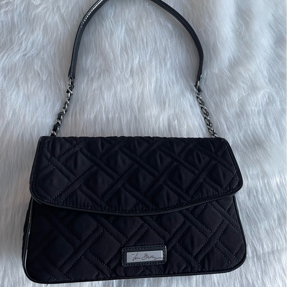 Vera Bradley Solid Black Quilted Microfiber Patent Chain Strap Shoulder Bag